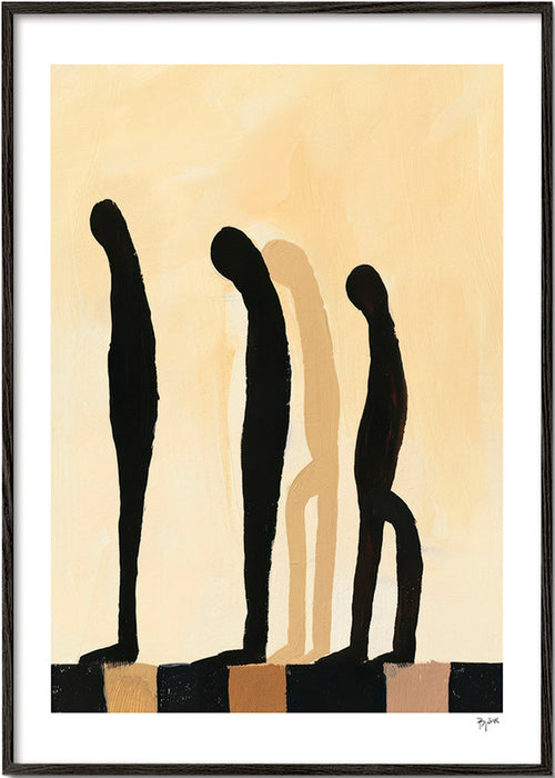 Abstrakt billede med udstrakte figurer på beige – Black Frame