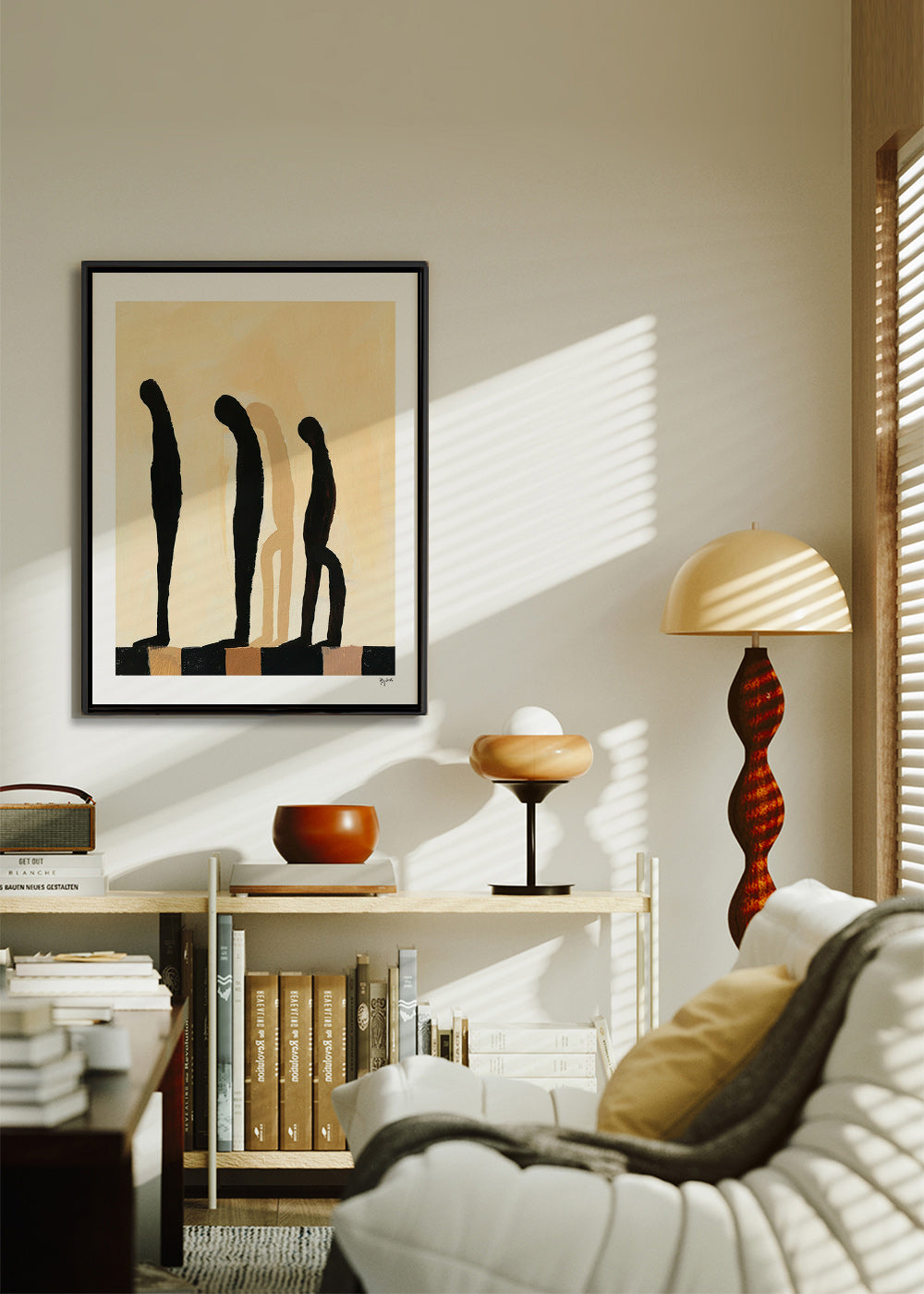 Abstrakt billede med udstrakte figurer på beige – Canvas1