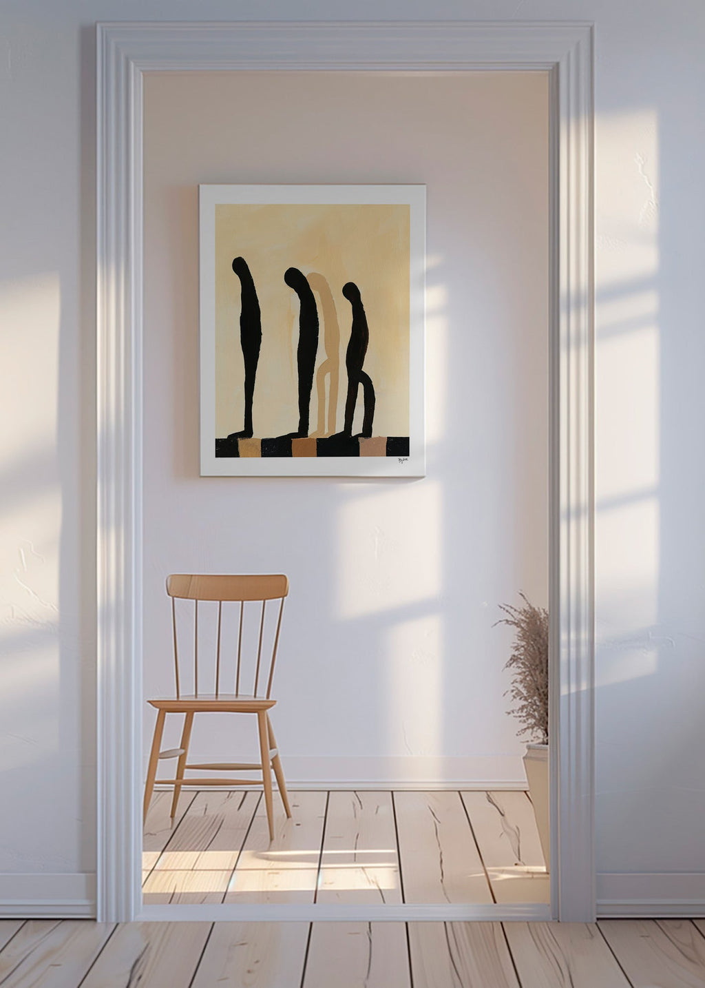 Abstrakt billede med udstrakte figurer på beige – Canvas