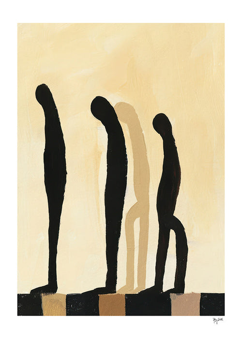 Abstrakt billede med udstrakte figurer på beige