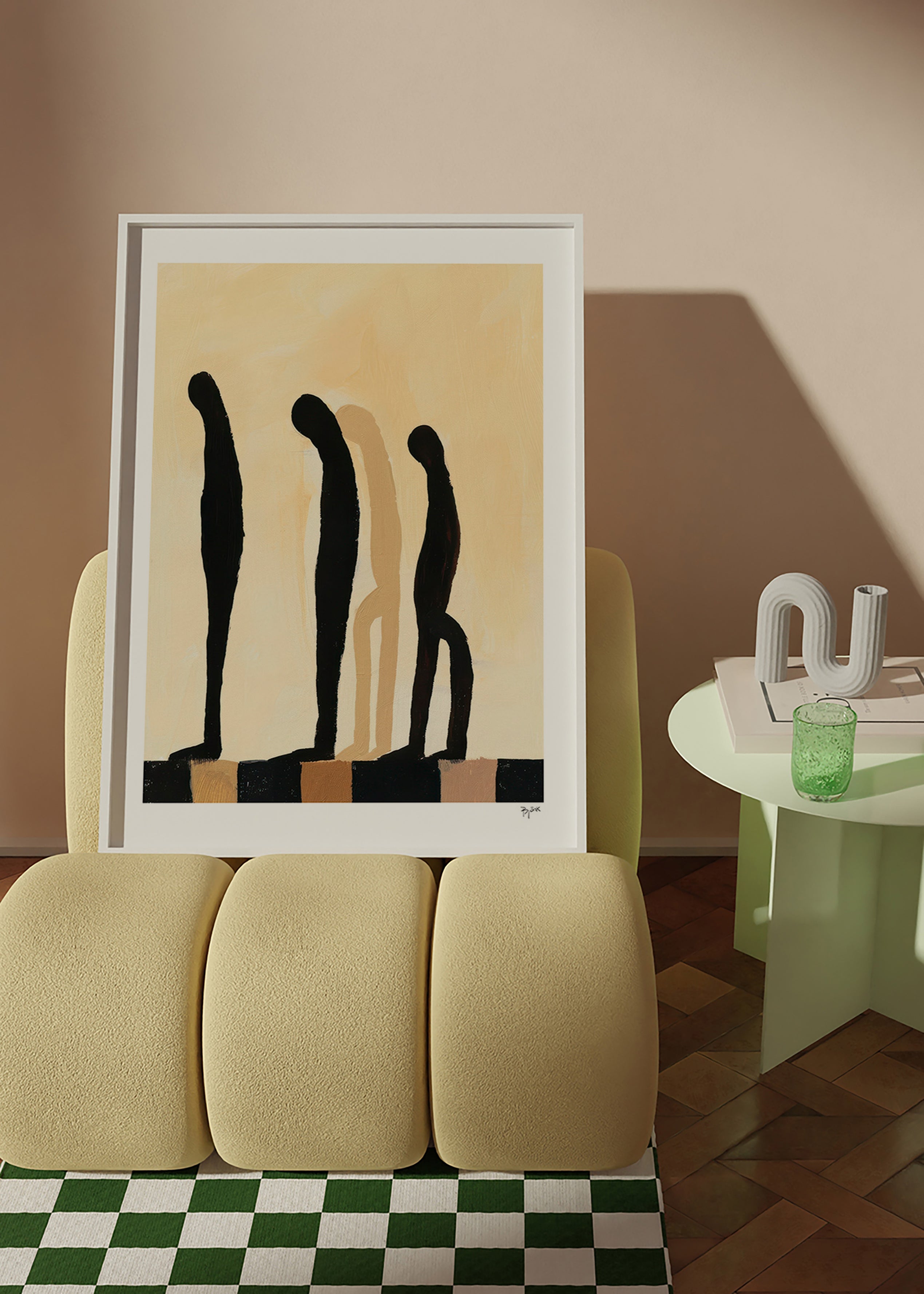 Abstrakt billede med udstrakte figurer på beige – Product3