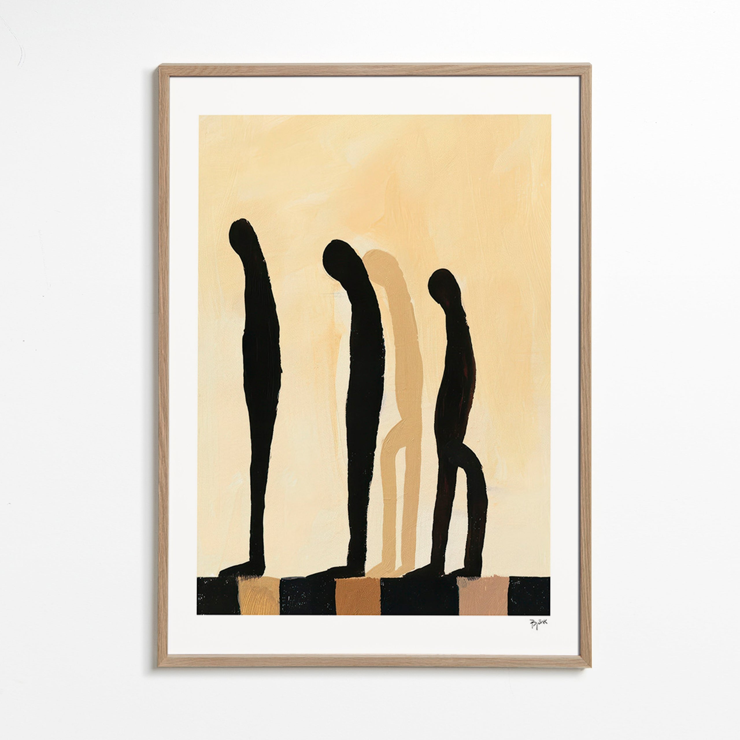 Abstrakt billede med udstrakte figurer på beige – Oak Frame