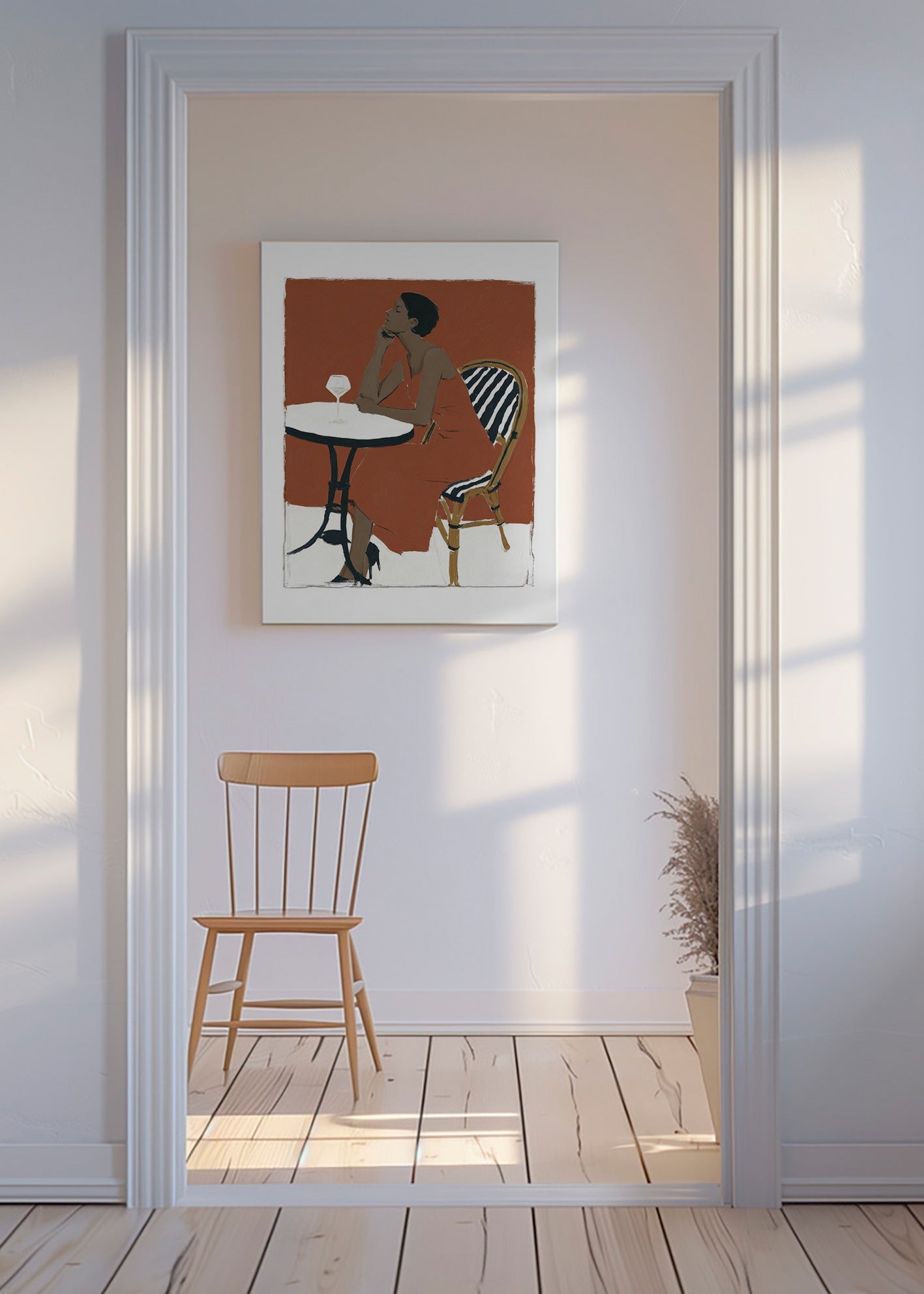 Køkkenkunst: kvinde med glas på terrasse – Canvas
