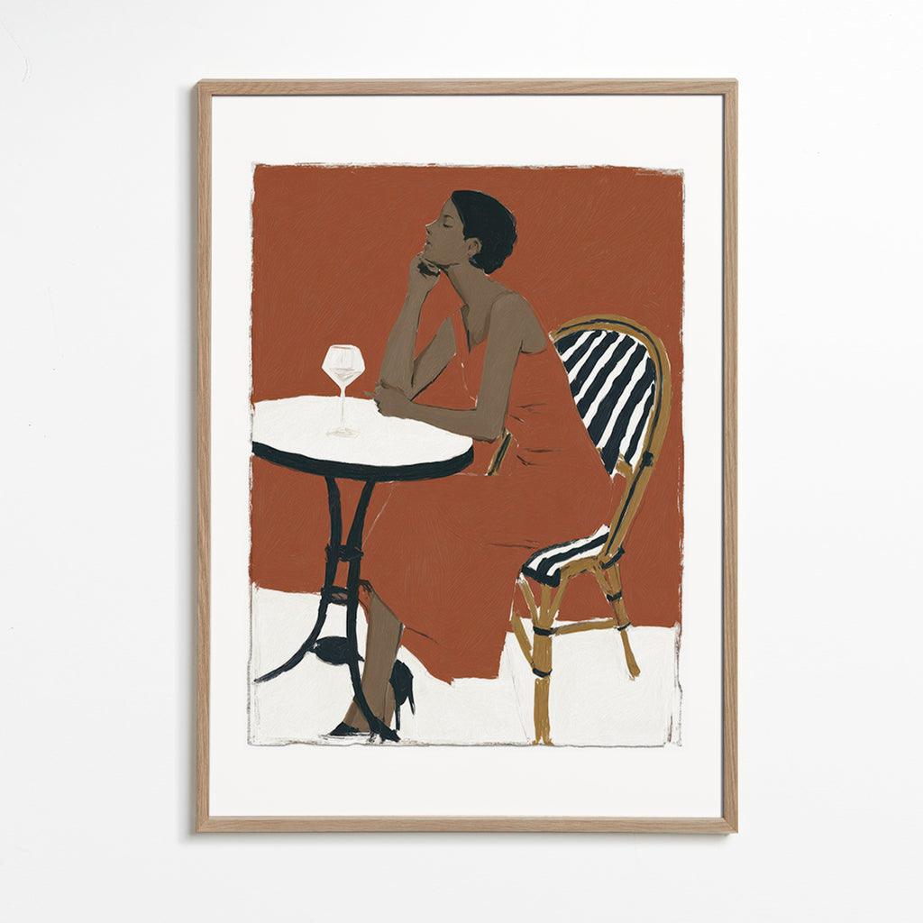 Køkkenkunst: kvinde med glas på terrasse – Oak Frame