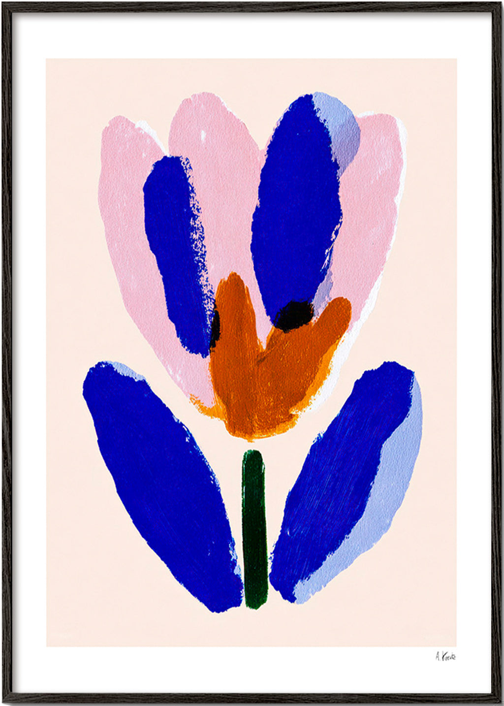 Botanisk plakat malet blomst i blå og rosa – Black Frame