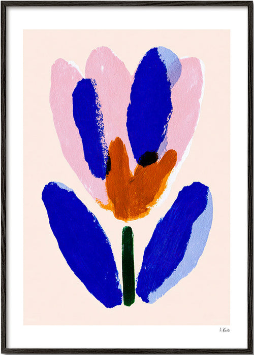 Botanisk plakat malet blomst i blå og rosa – Black Frame