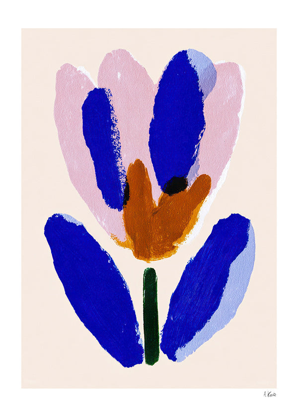 Botanisk plakat malet blomst i blå og rosa
