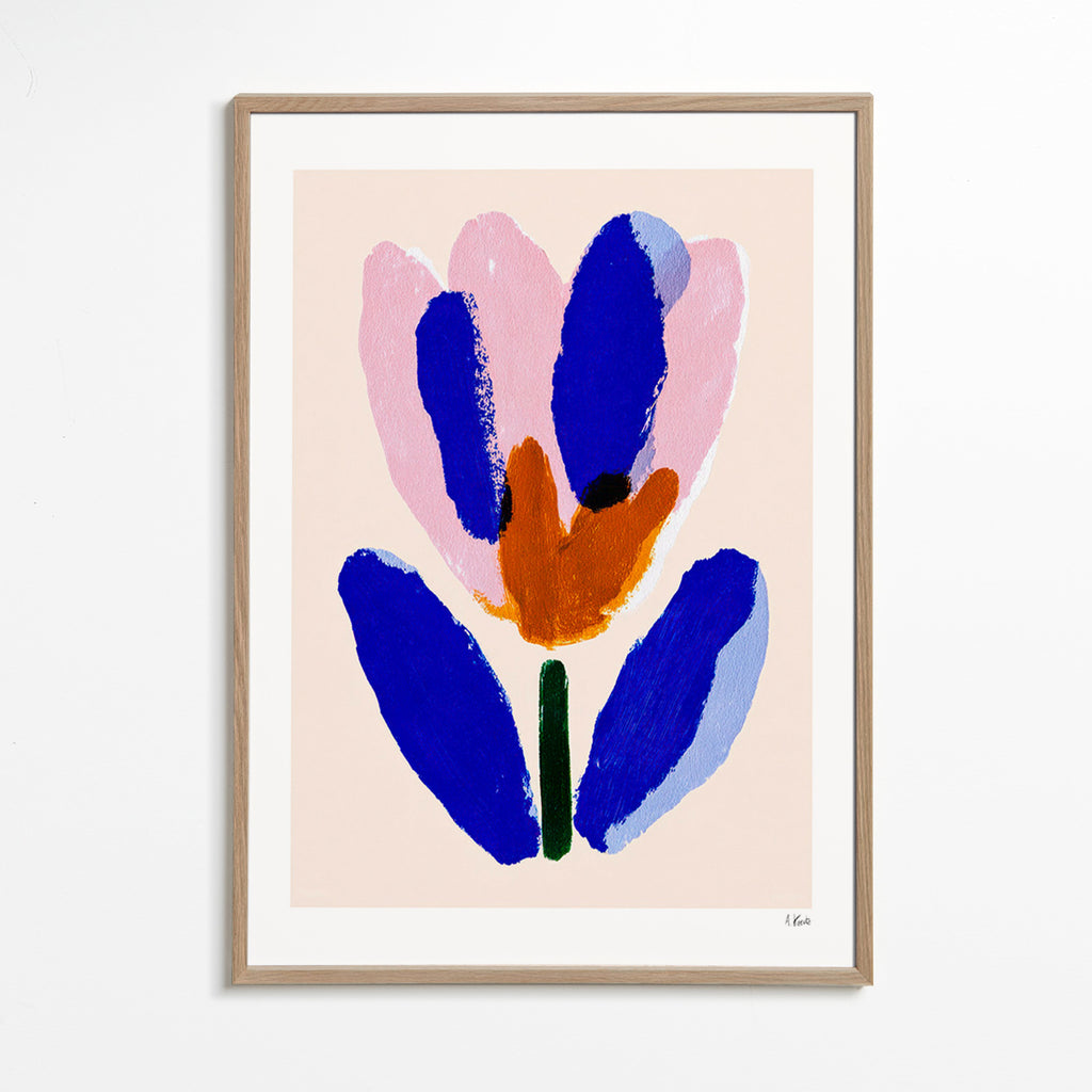Botanisk plakat malet blomst i blå og rosa – Oak Frame