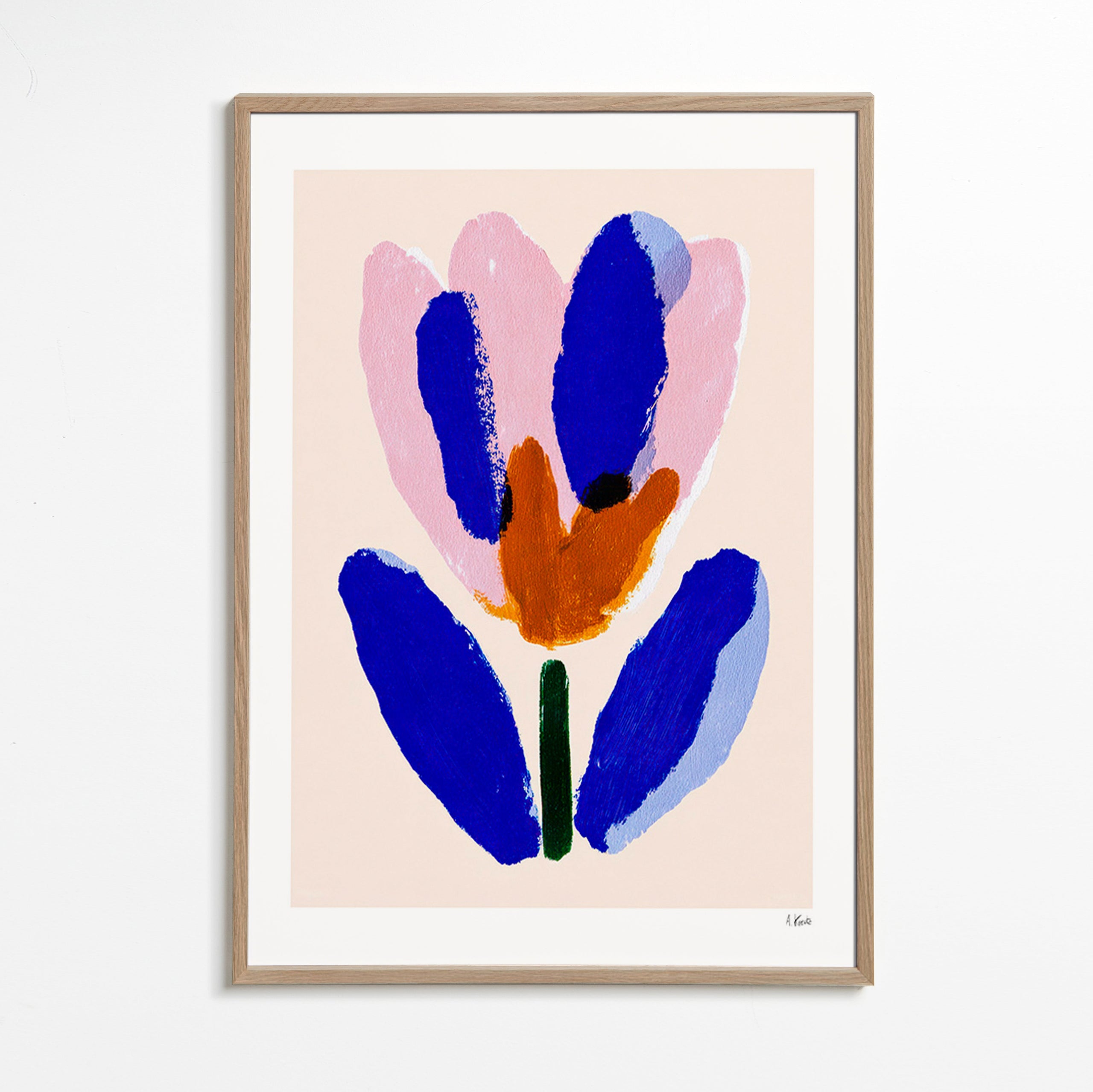 Botanisk plakat malet blomst i blå og rosa – Oak Frame
