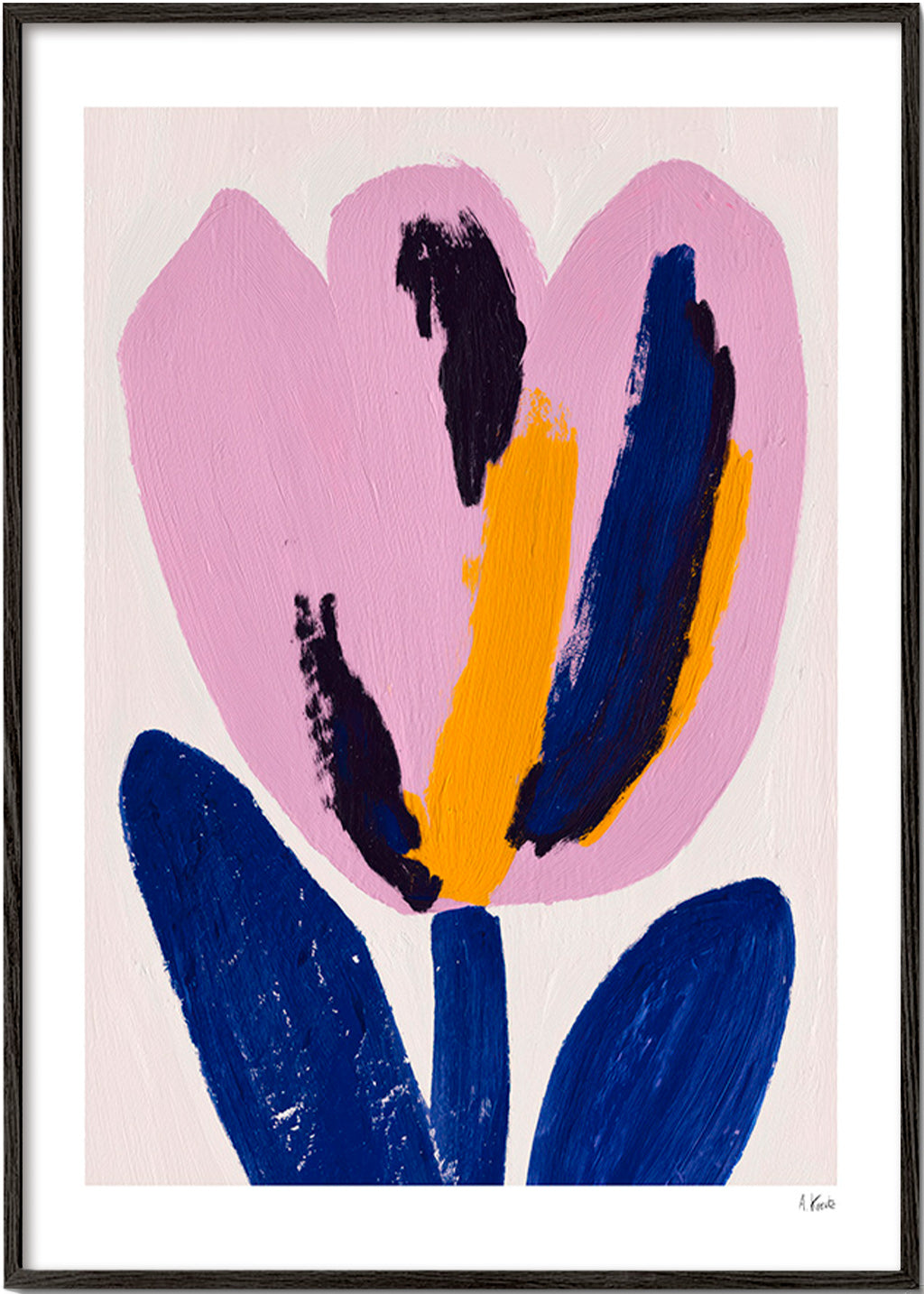Botanisk plakat rosa blomst med blå strøg – Black Frame