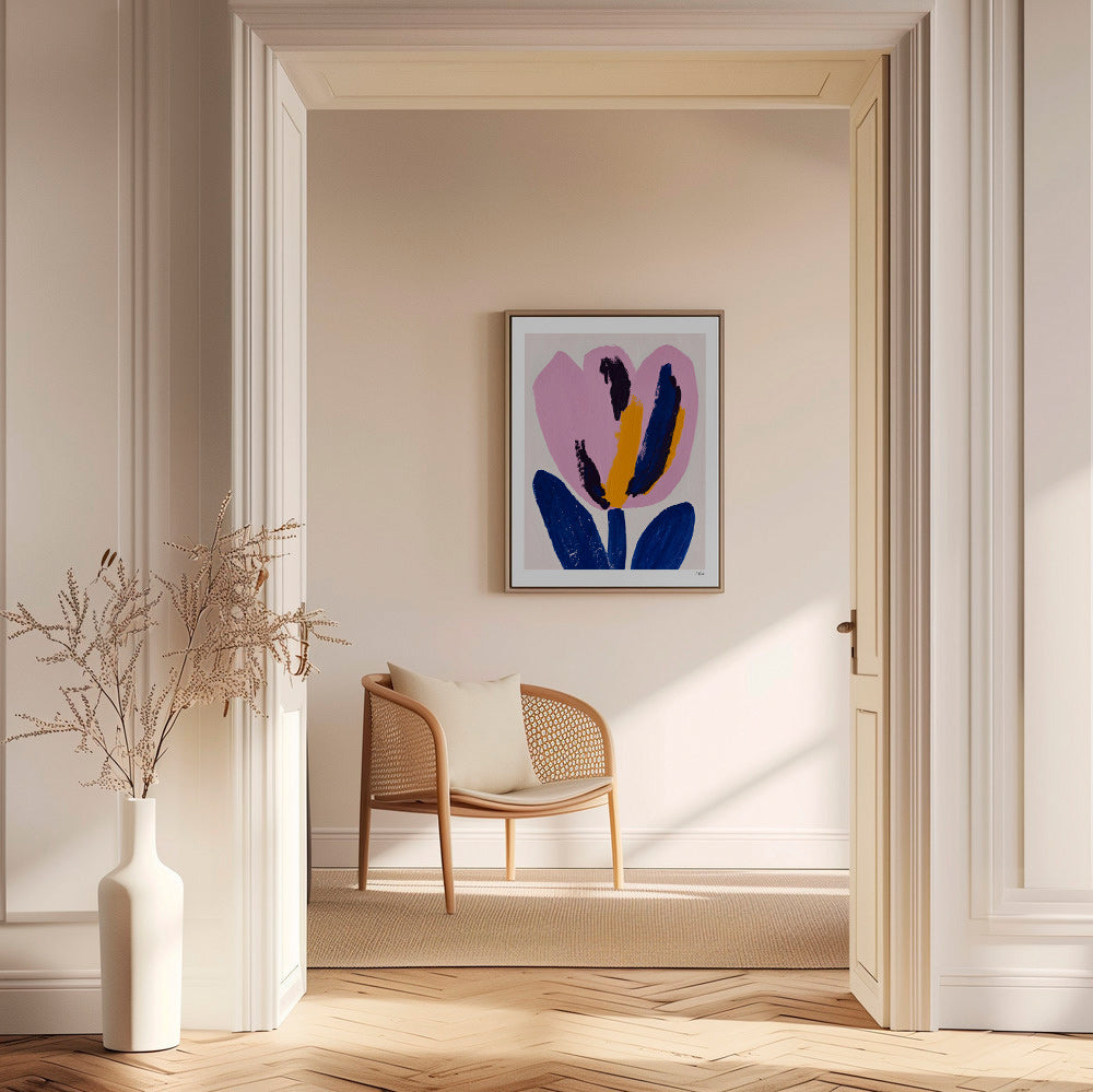 Botanisk plakat rosa blomst med blå strøg – Canvas1