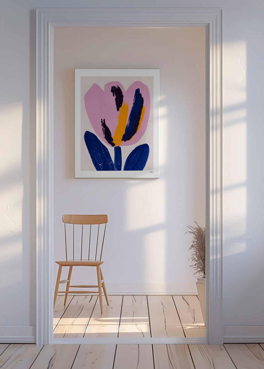 Botanisk plakat rosa blomst med blå strøg – Canvas