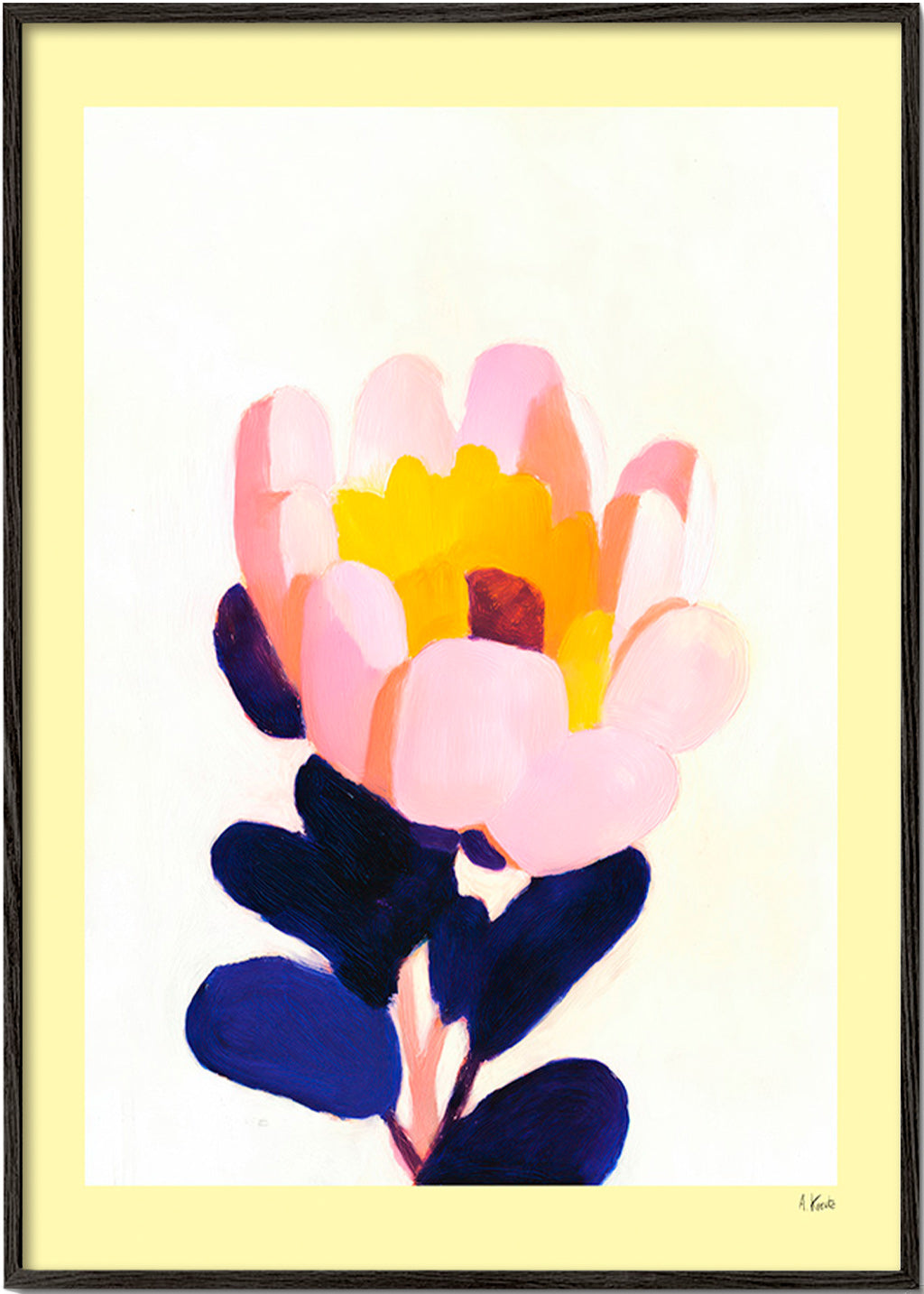 Botanisk plakat: pink blomst med dybblå blade – Black Frame