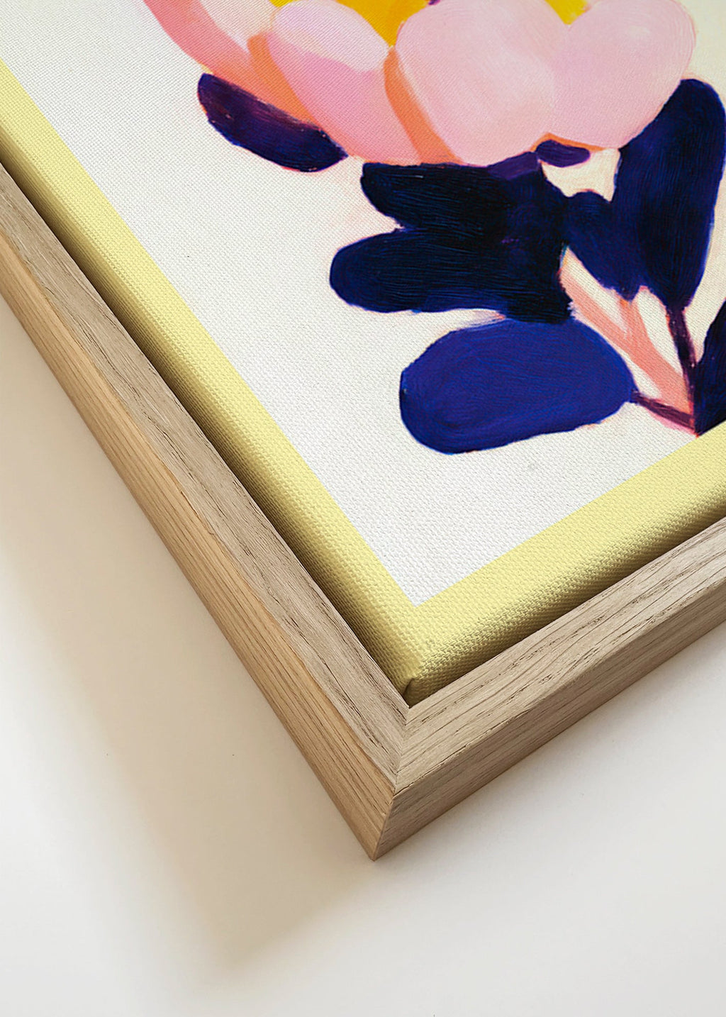 Botanisk plakat: pink blomst med dybblå blade – Canvas detail