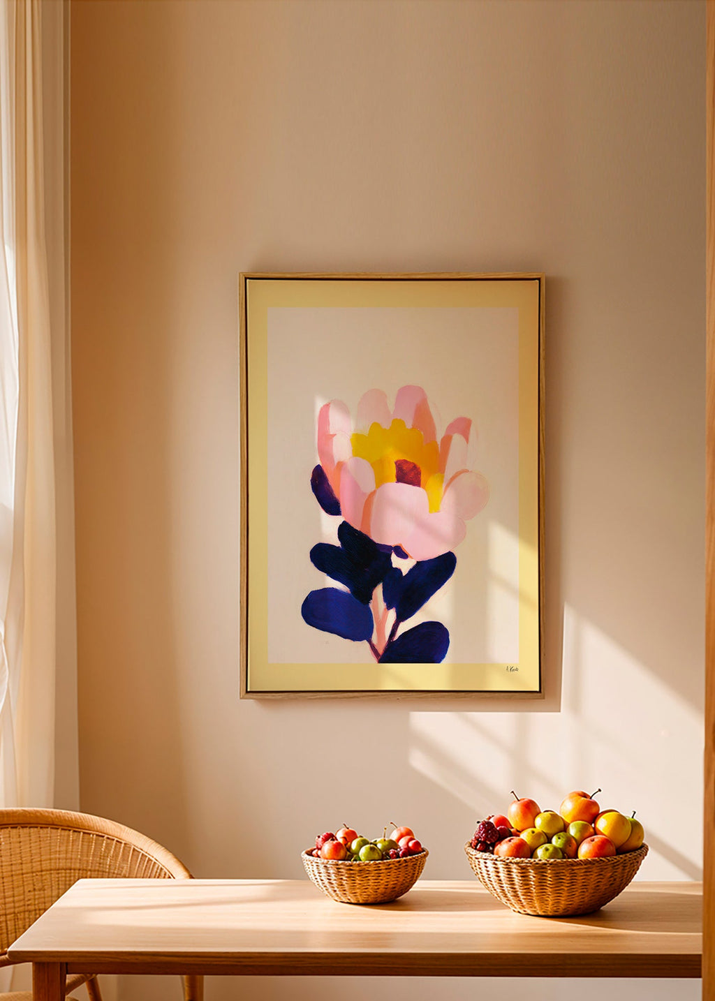 Botanisk plakat: pink blomst med dybblå blade – Canvas1