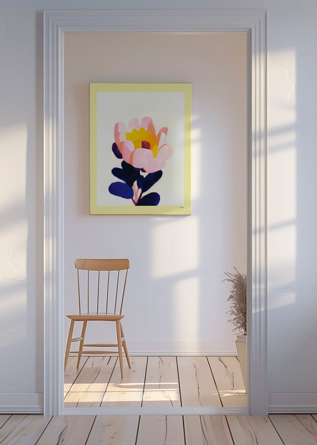 Botanisk plakat: pink blomst med dybblå blade – Canvas