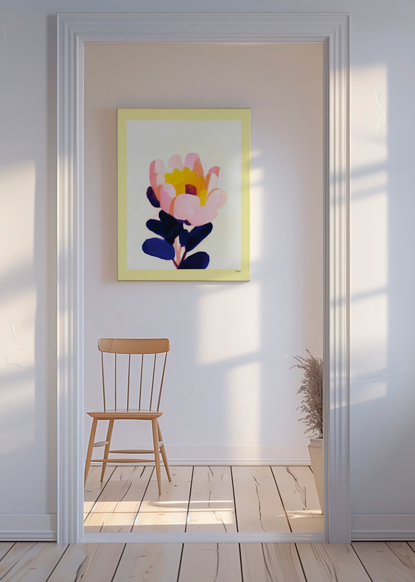Botanisk plakat: pink blomst med dybblå blade – Canvas
