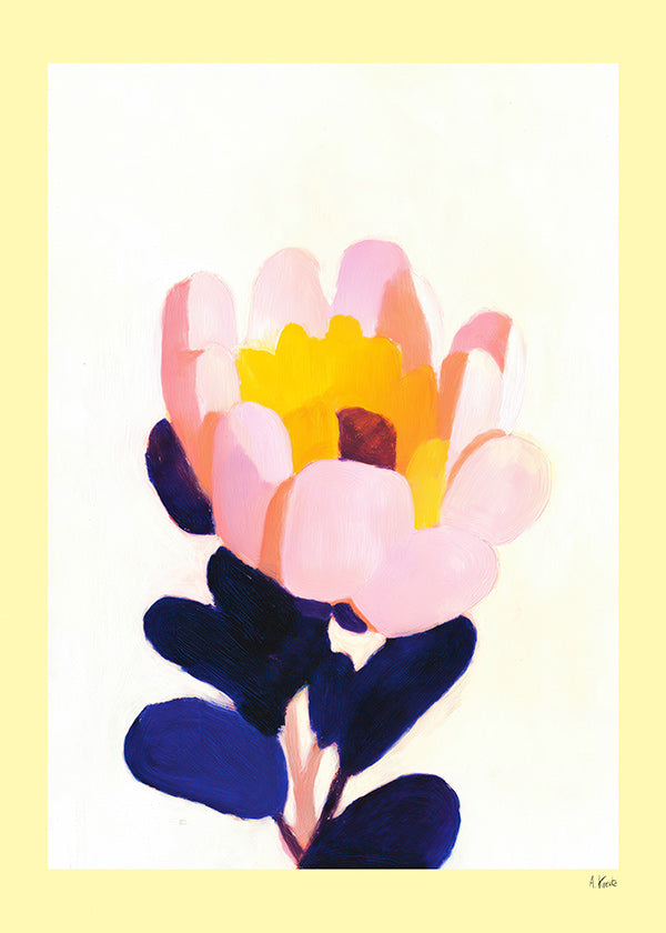 Botanisk plakat: pink blomst med dybblå blade