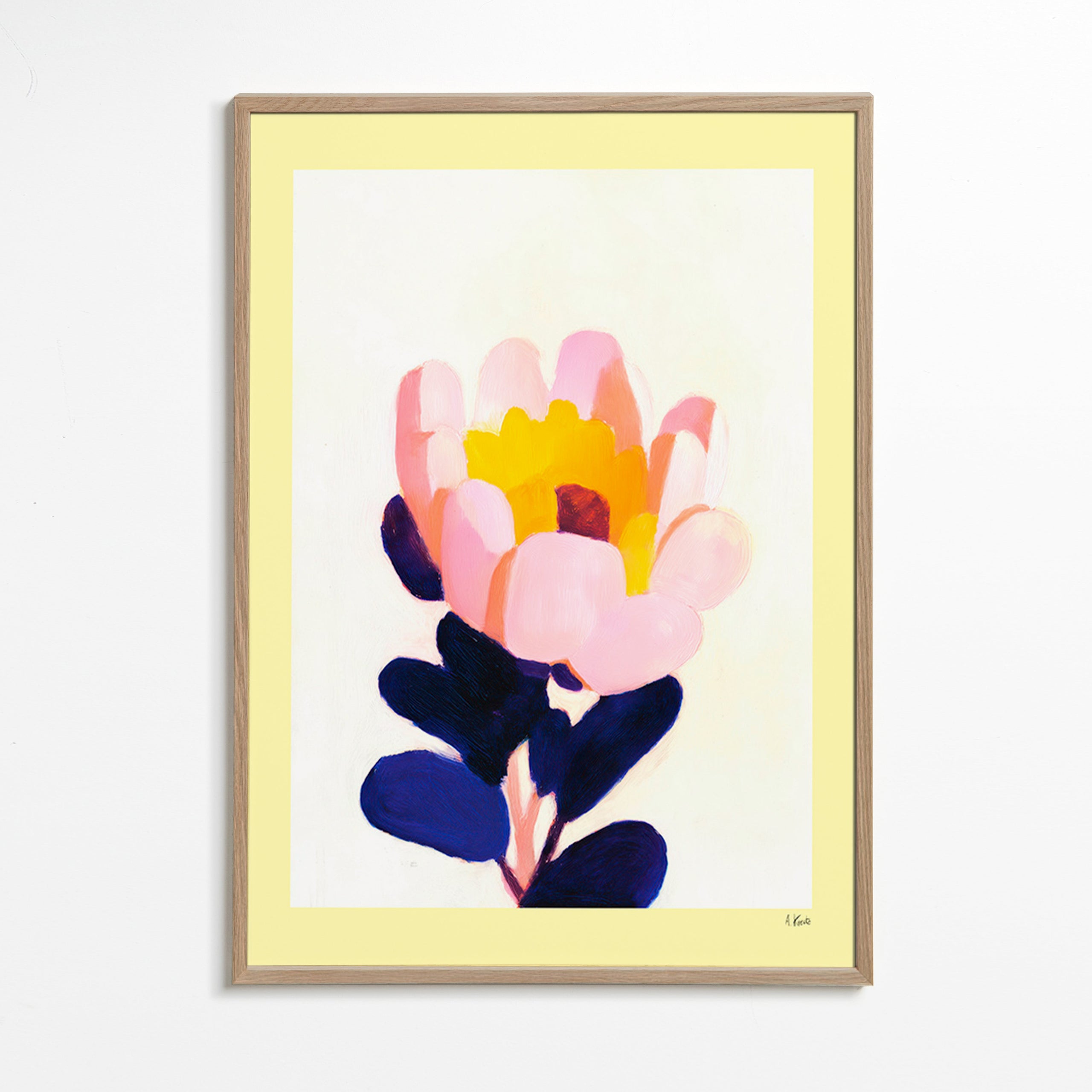 Botanisk plakat: pink blomst med dybblå blade – Oak Frame