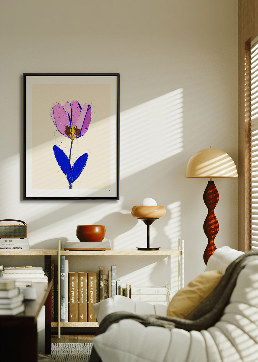 Botanisk plakat med lilla blomst og blåt blad – Canvas2