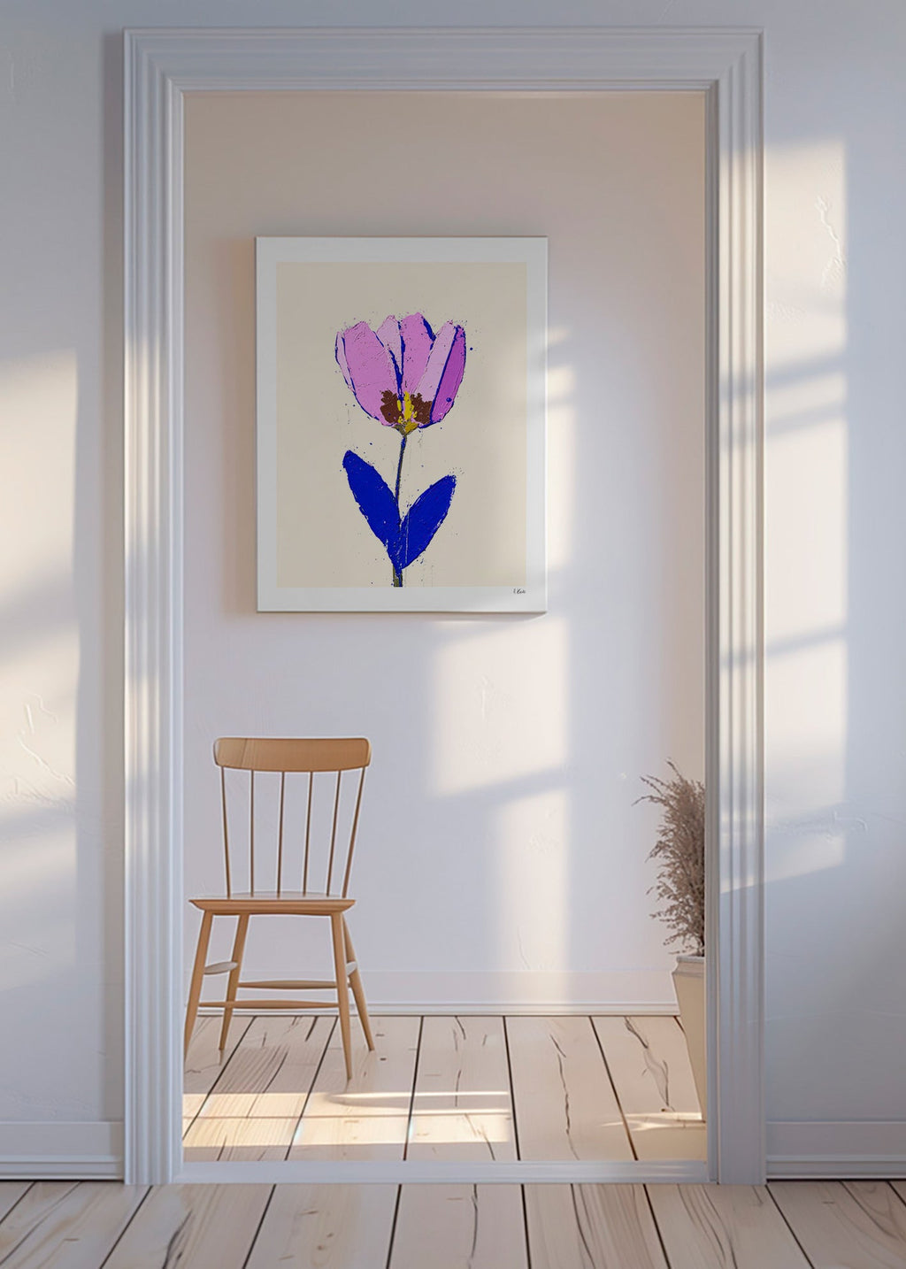 Botanisk plakat med lilla blomst og blåt blad – Canvas