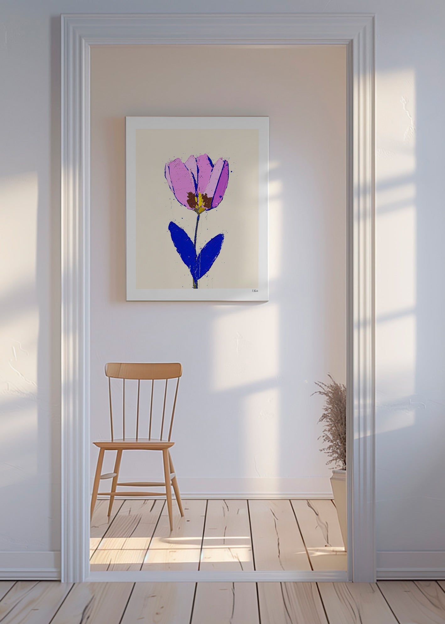Botanisk plakat med lilla blomst og blåt blad – Canvas