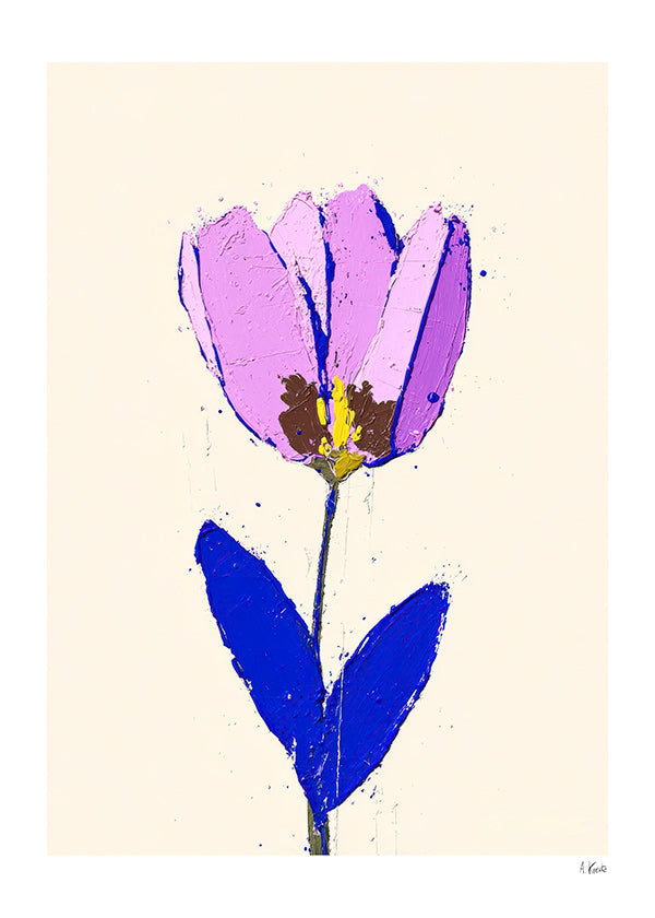 Botanisk plakat med lilla blomst og blåt blad