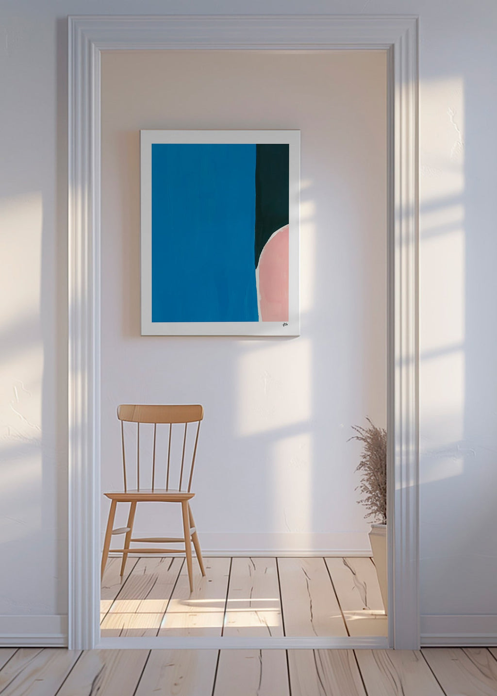 Abstrakt billede: blåt felt med lyserød kurve – Canvas