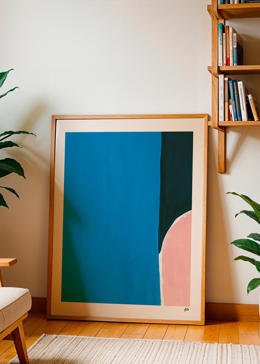 Abstrakt billede: blåt felt med lyserød kurve – Product2