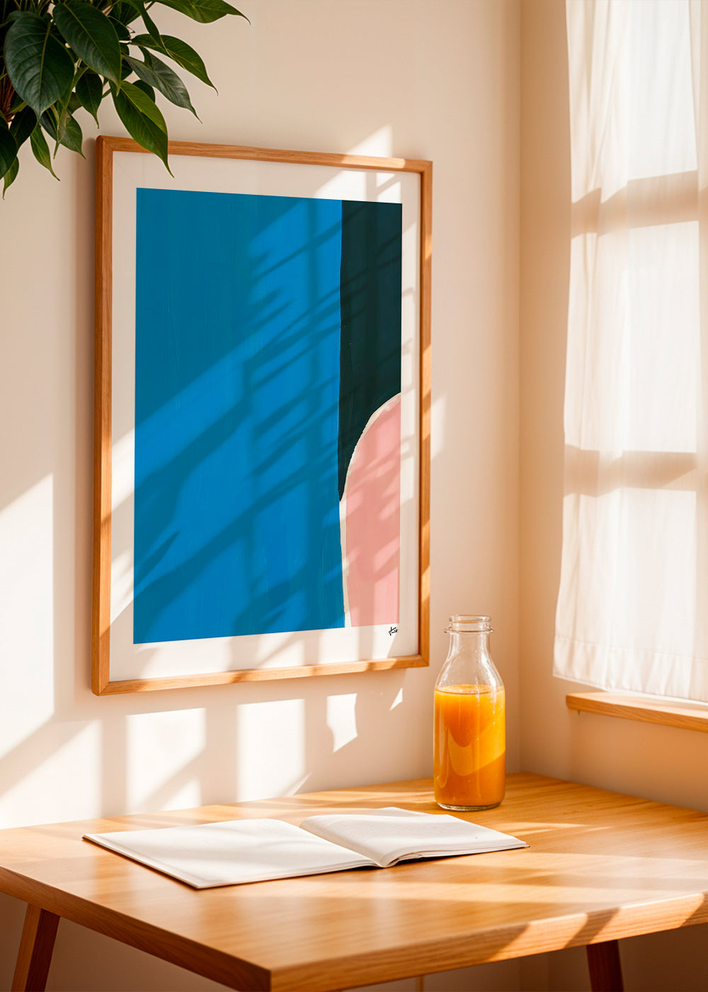 Abstrakt billede: blåt felt med lyserød kurve – Product3