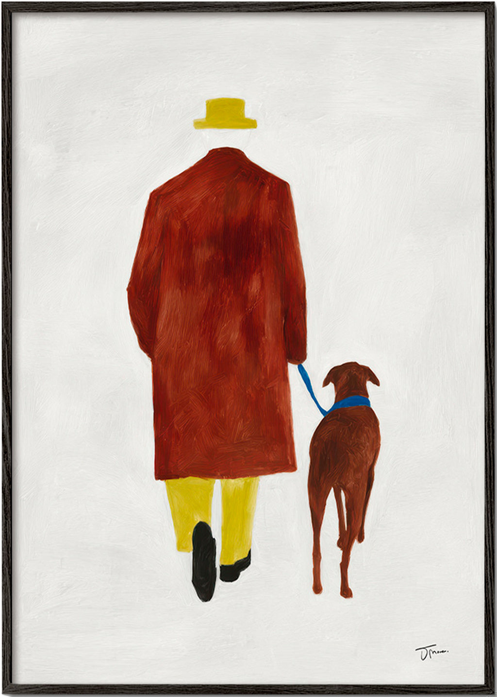 Illustration af en gåtur med hund og gul hat – Black Frame