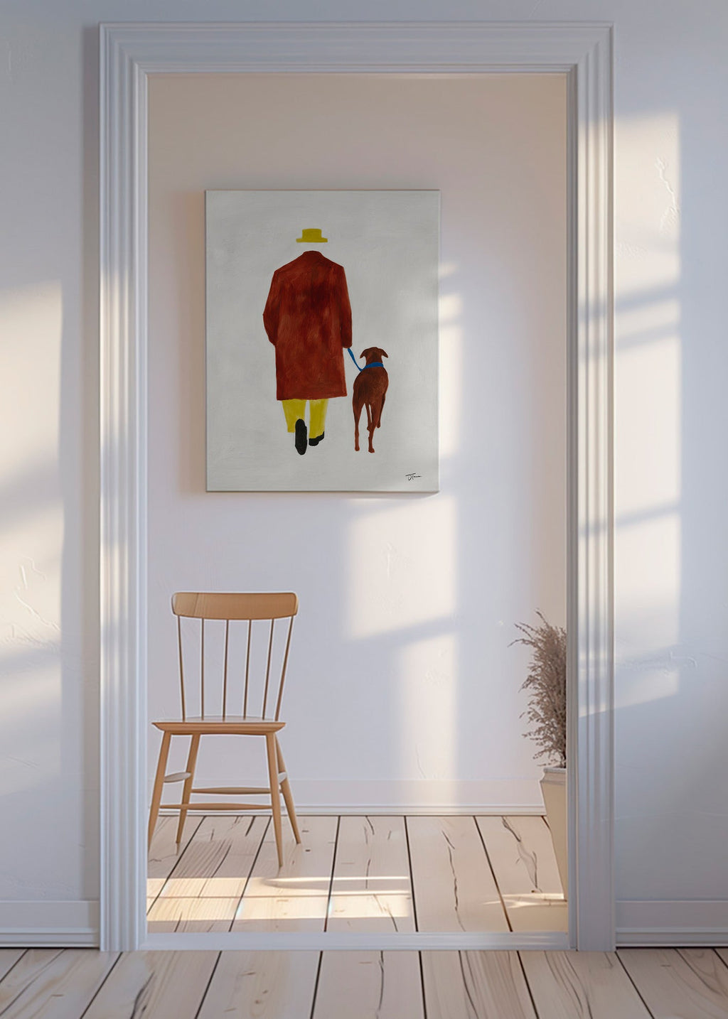 Illustration af en gåtur med hund og gul hat – Canvas