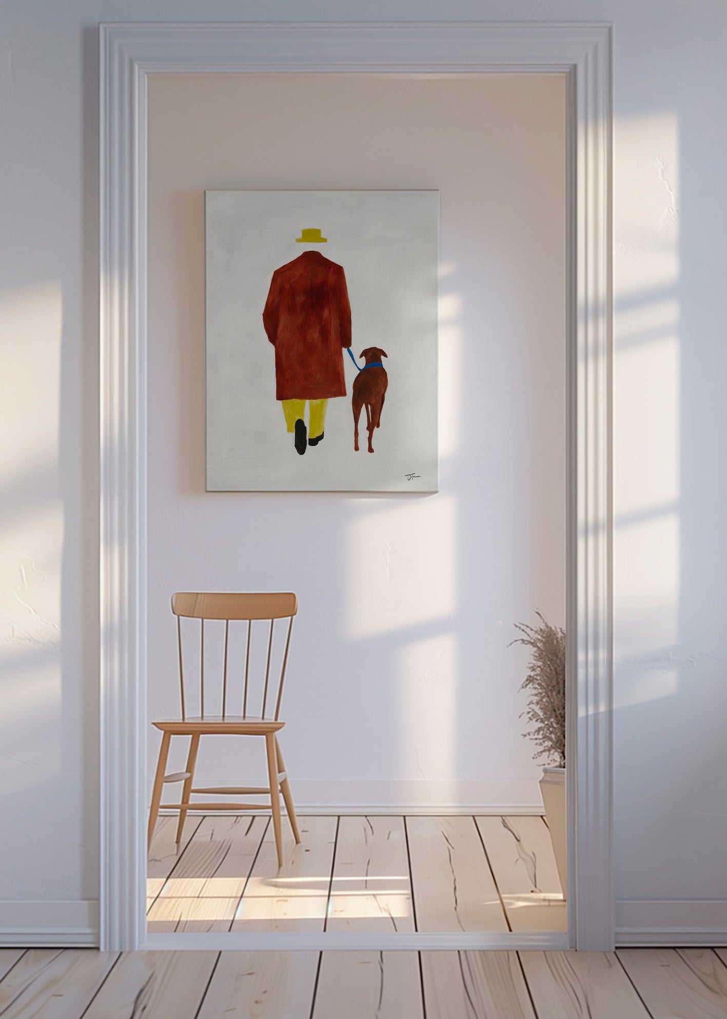 Illustration af en gåtur med hund og gul hat – Canvas