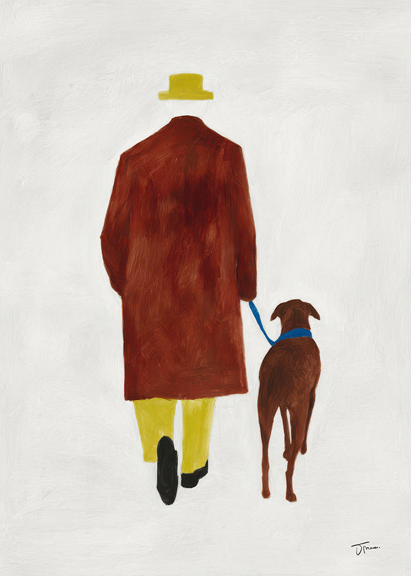 Illustration af en gåtur med hund og gul hat