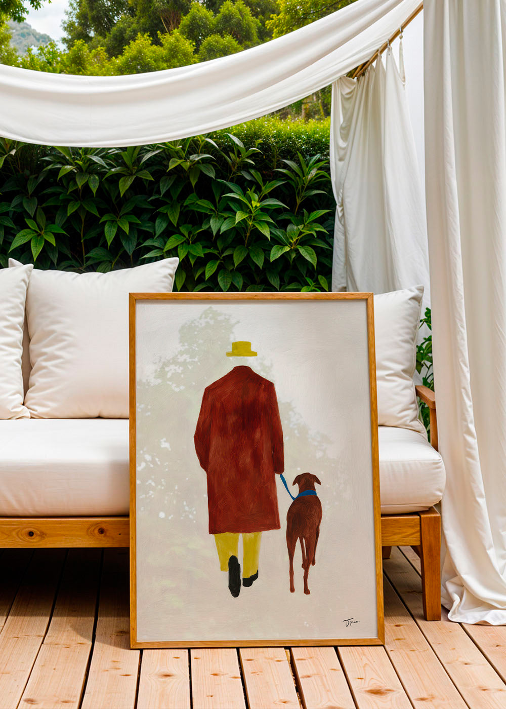 Illustration af en gåtur med hund og gul hat – Product1