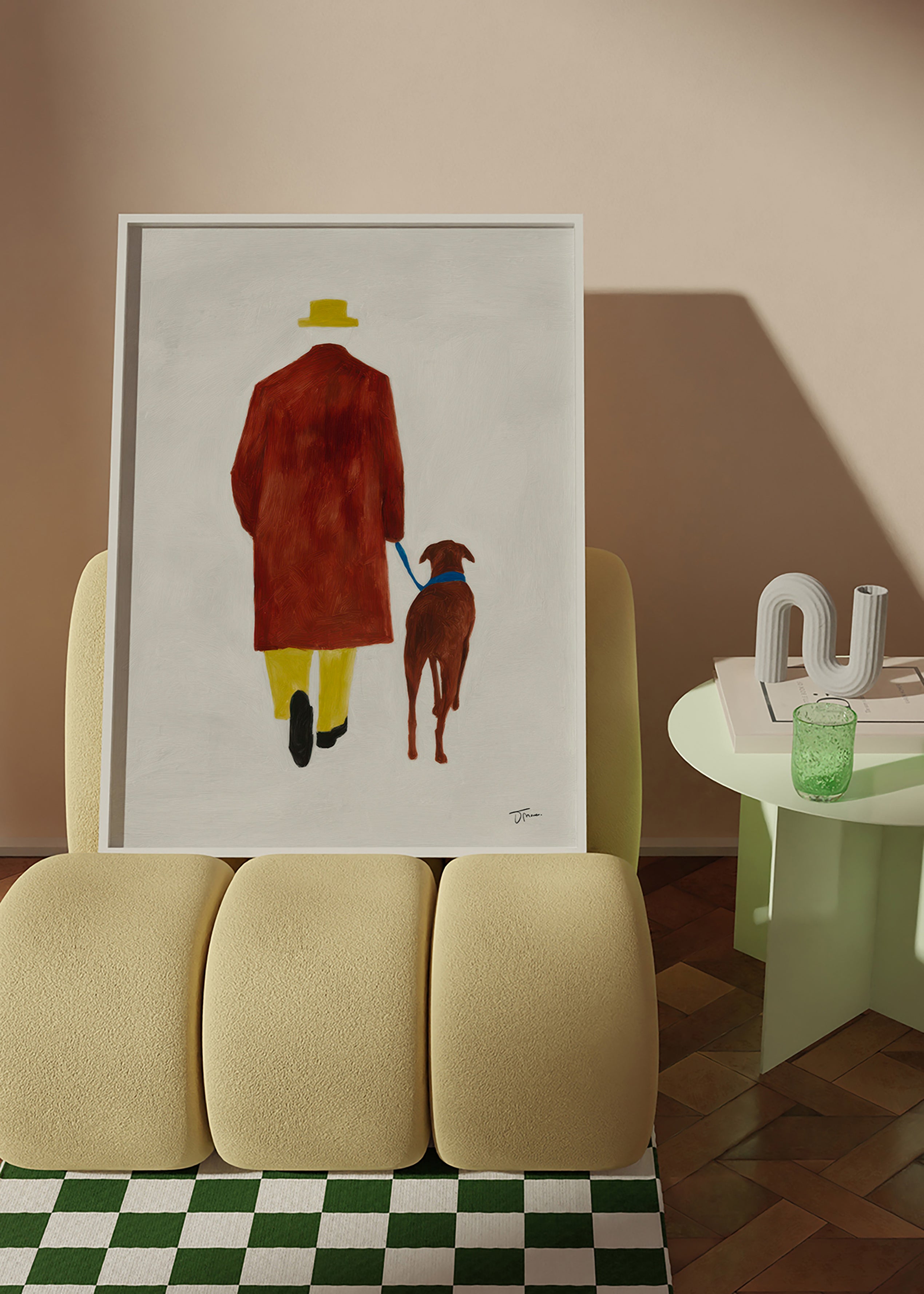 Illustration af en gåtur med hund og gul hat – Product2