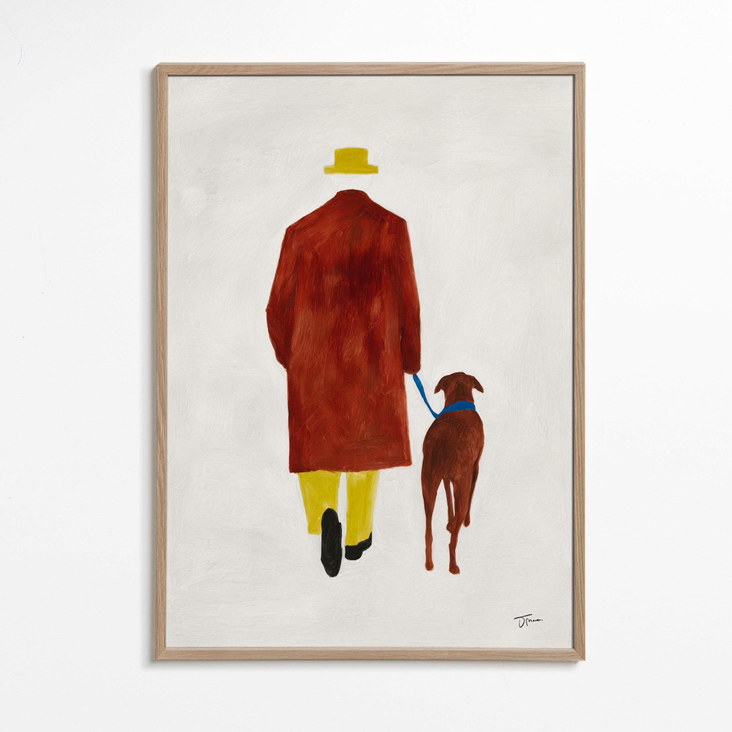 Illustration af en gåtur med hund og gul hat – Oak Frame