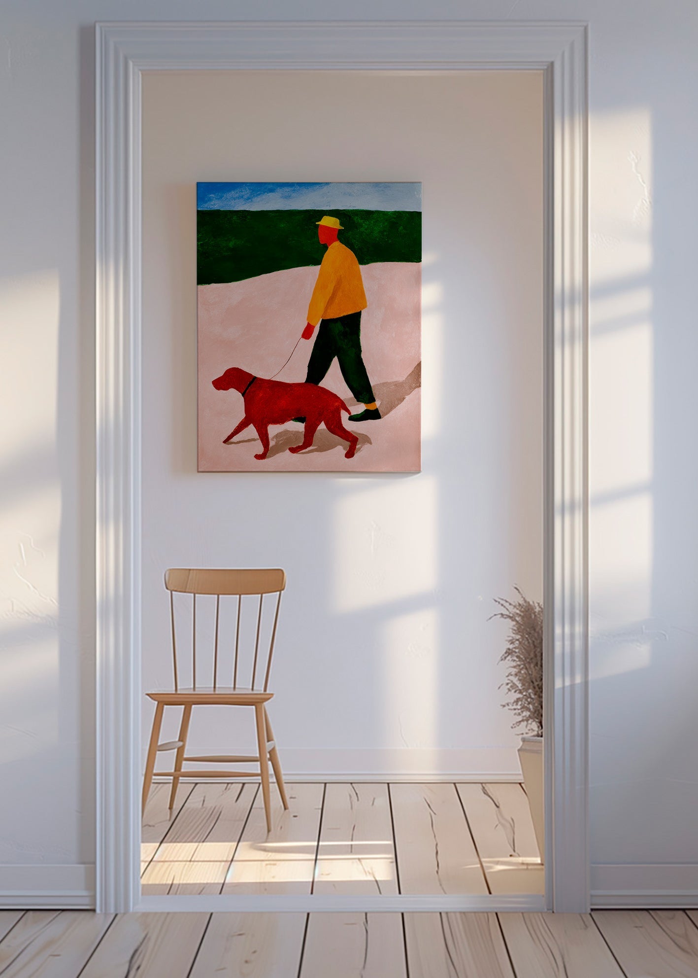 Billede gåtur med rød hund – Canvas