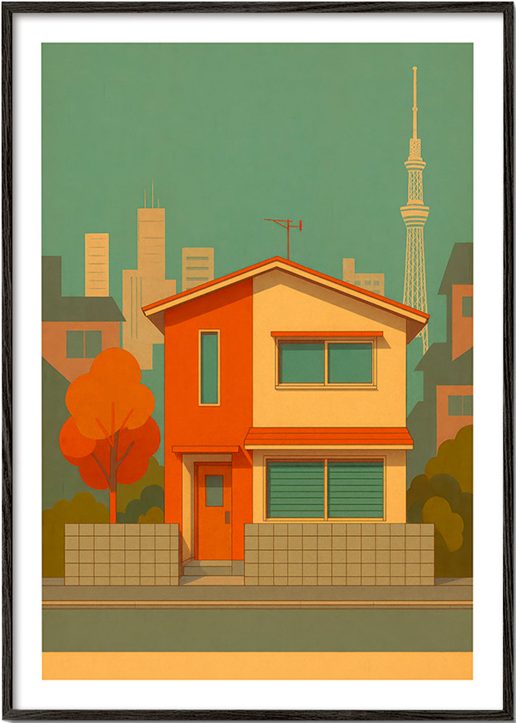 Køkkenkunst: japansk hus illustreret i retro palet – Black Frame