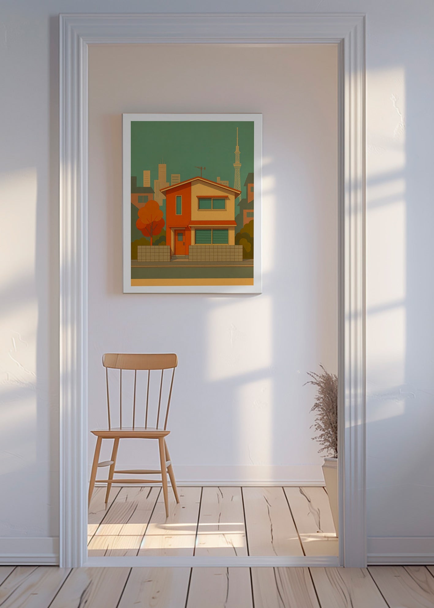 Køkkenkunst: japansk hus illustreret i retro palet – Canvas