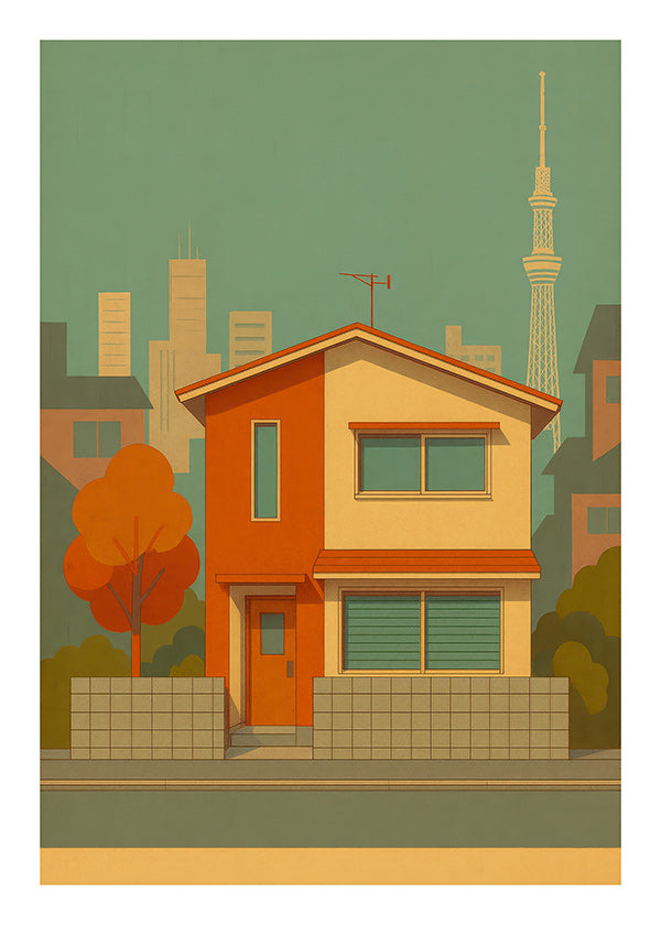 Køkkenkunst: japansk hus illustreret i retro palet