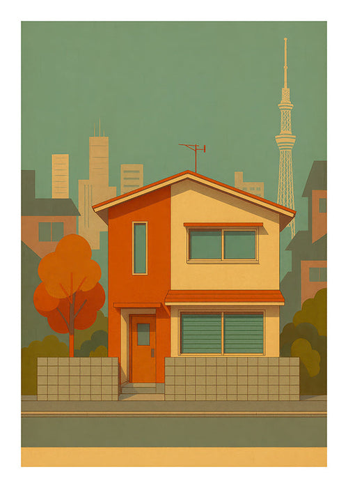 Køkkenkunst: japansk hus illustreret i retro palet