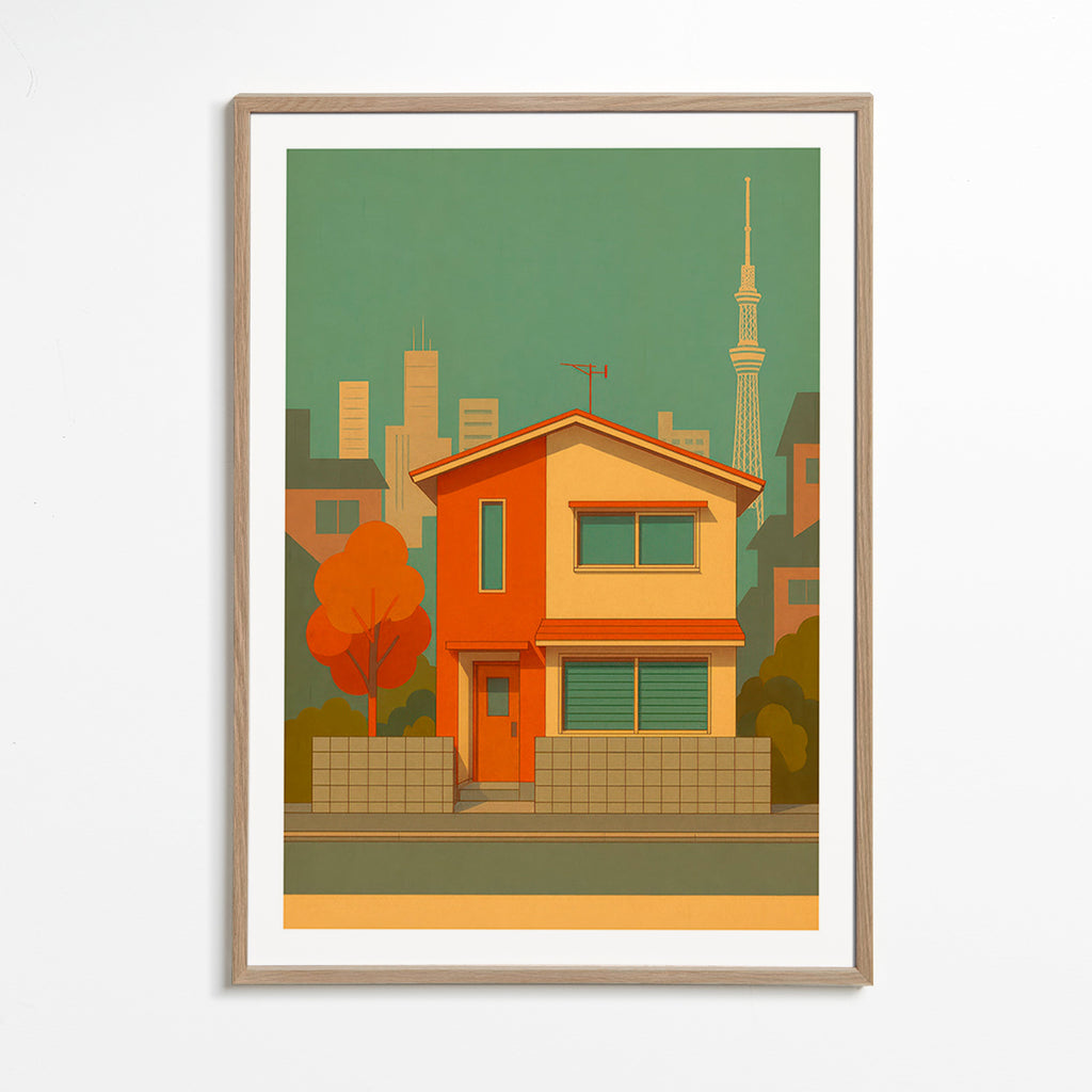 Køkkenkunst: japansk hus illustreret i retro palet – Oak Frame