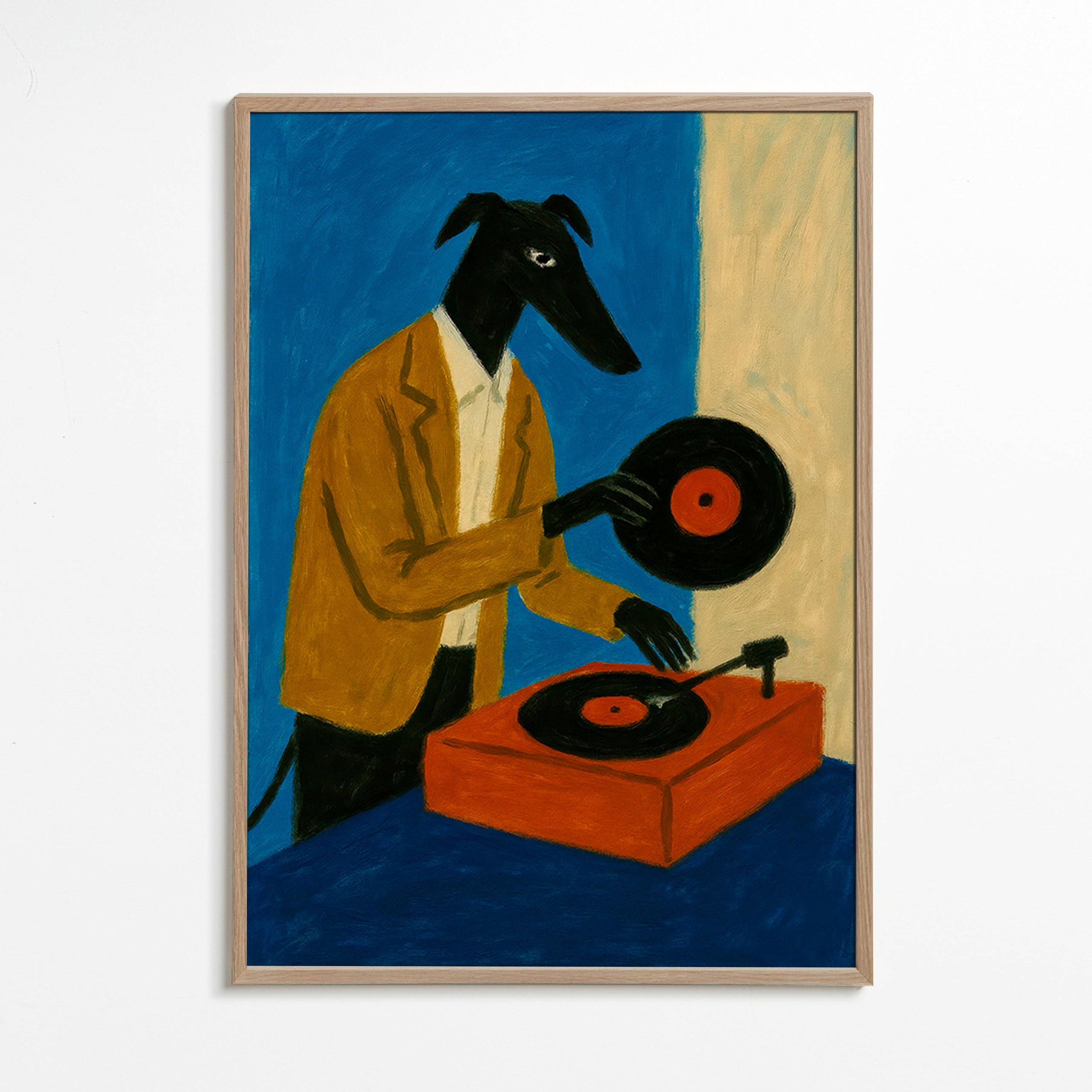 DJ-hund illustration med vinyl – Oak Frame