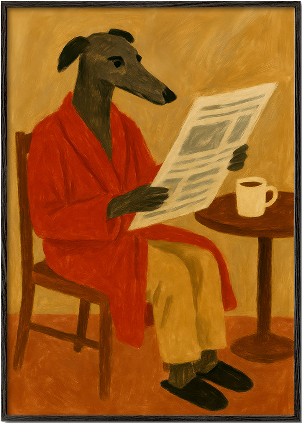 Maleri af hund der læser avis i rød badekåbe – Black Frame