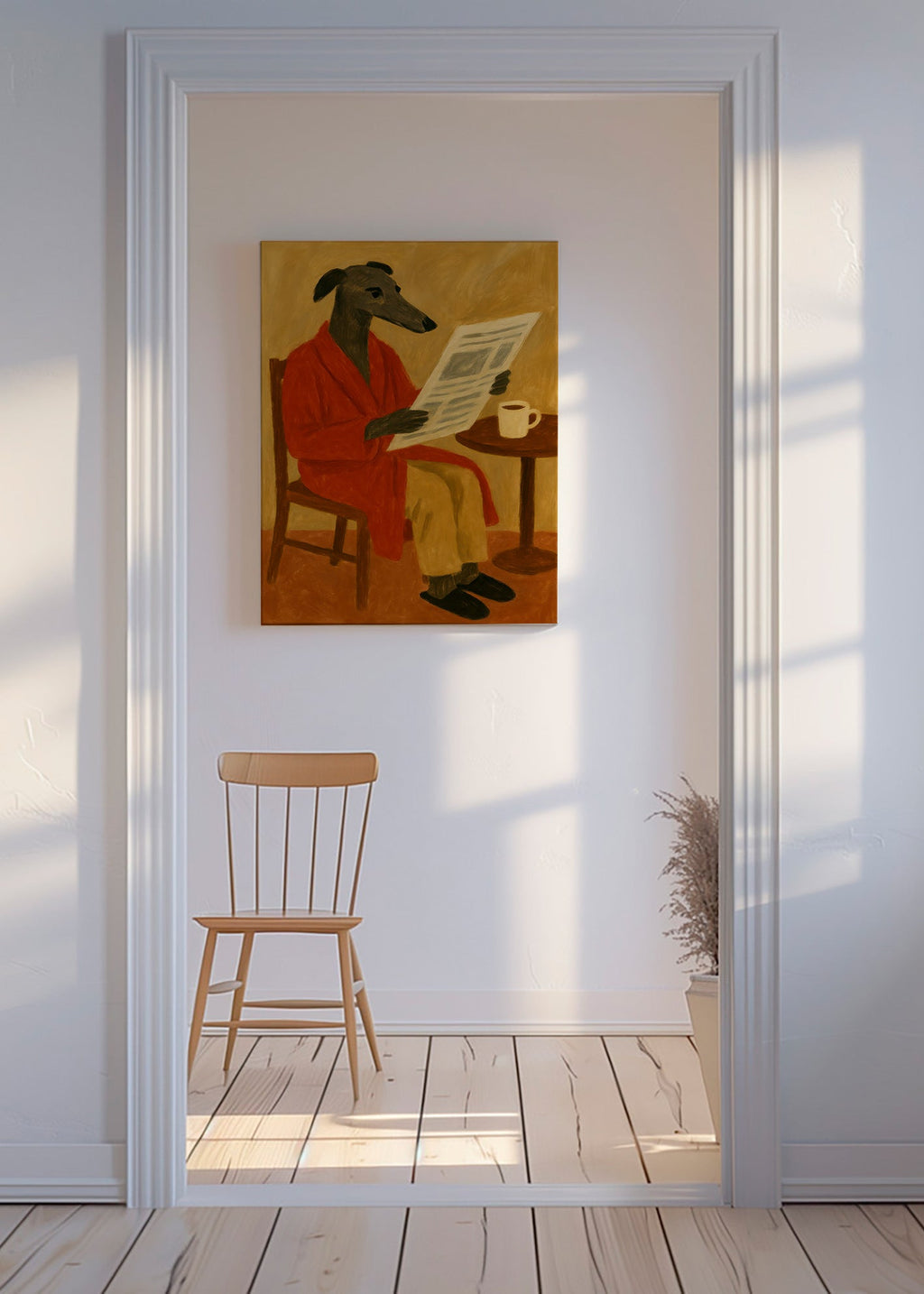Maleri af hund der læser avis i rød badekåbe – Canvas