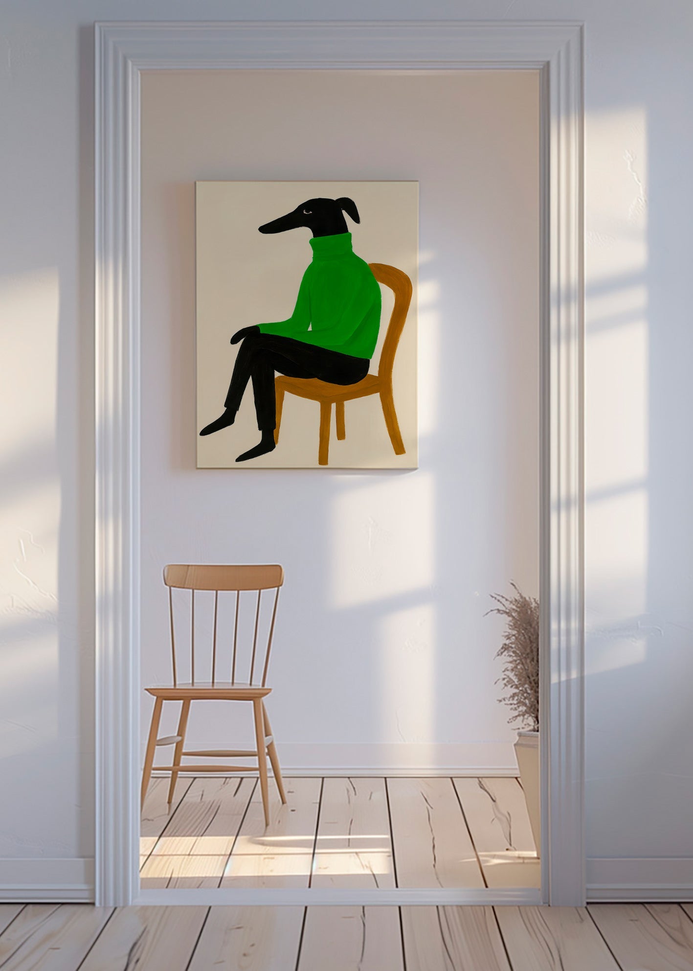 Hundillustration med grøn rullekrave – Canvas