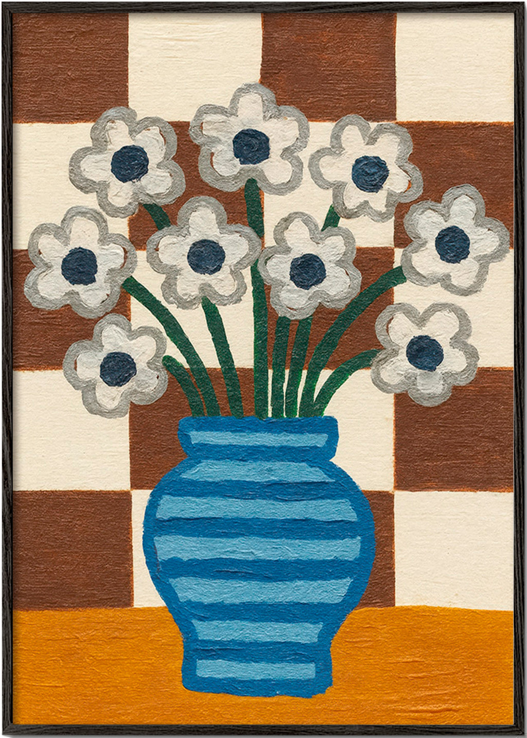 Botanisk plakat: blå vase med blomster på ternet baggrund – Black Frame