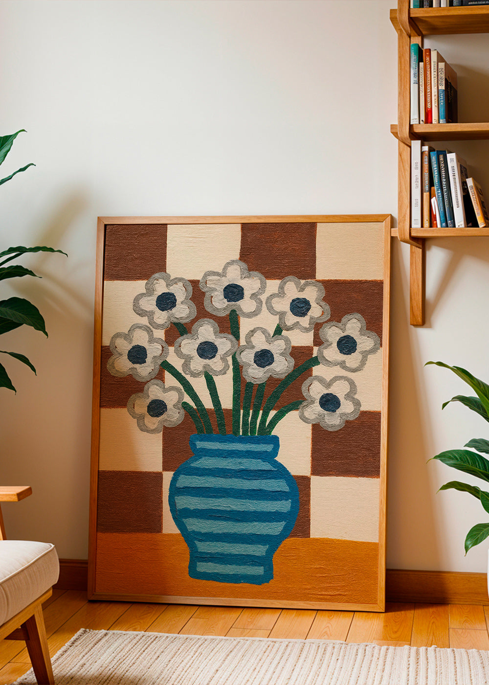 Botanisk plakat: blå vase med blomster på ternet baggrund – Product2