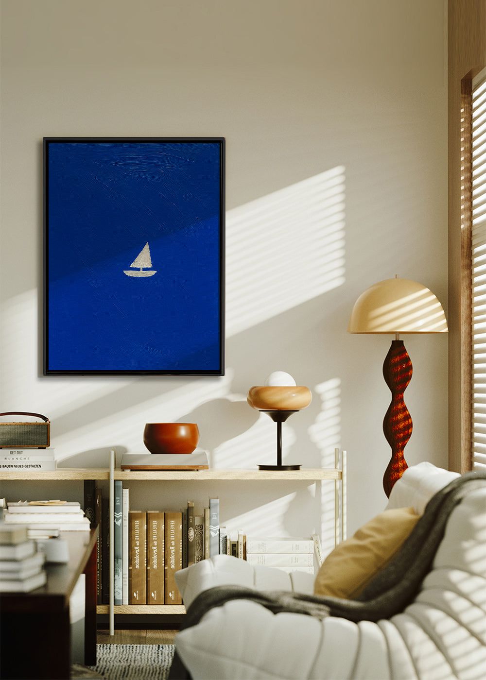 Landskabsbillede med minimalistisk sejlbåd – Canvas2